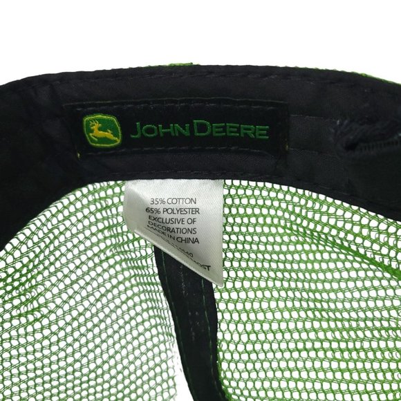 John Deere Mesh Patch Logo Strapback Cap Trucker Baseball Hat Black Green - Picture 13 of 13